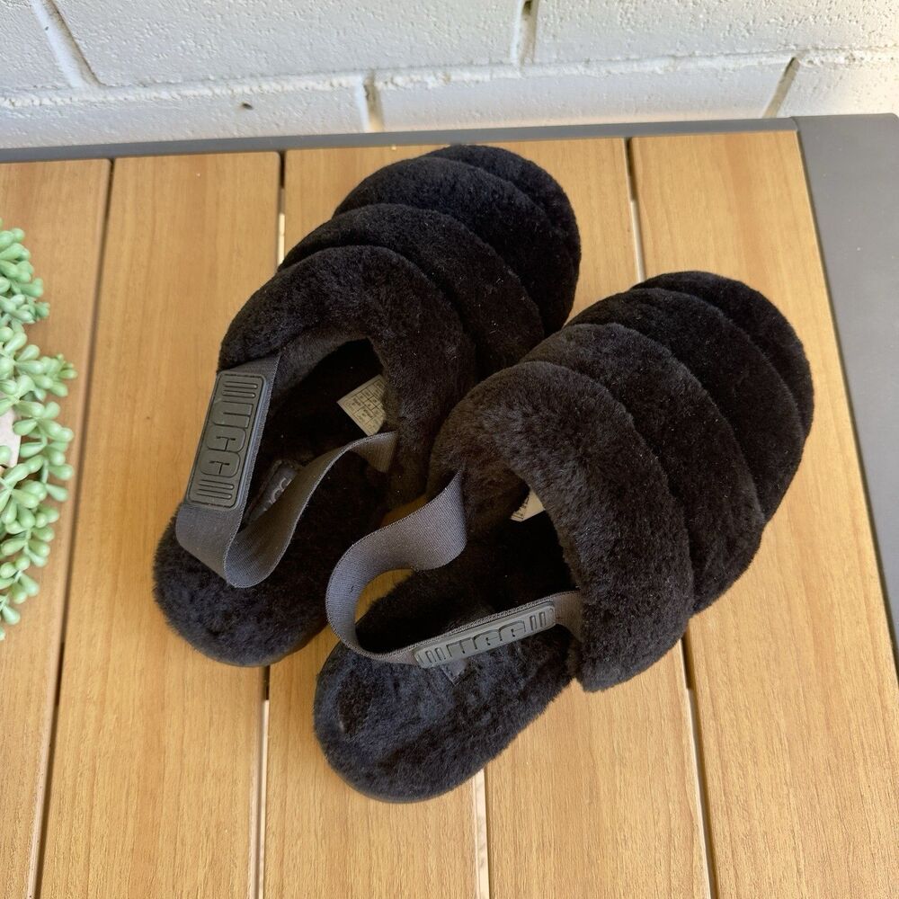 UGG Super Fluff Slipper Black Sheepskin Slingback Slides Women’s US 8 1121751